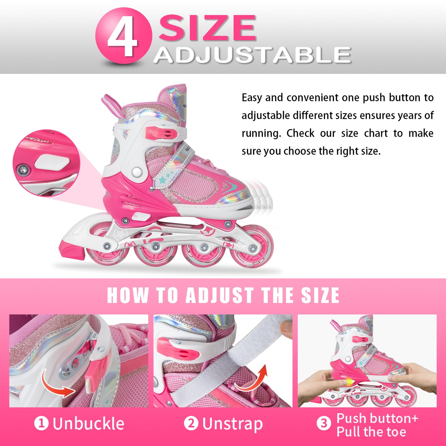 Nattork Adjustable Inline Skates for Kids - Pink