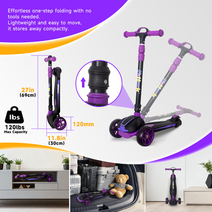 Nattork Foldable Light-Up 3-Wheel Scooter for Kids Ages 3–12 - Purple