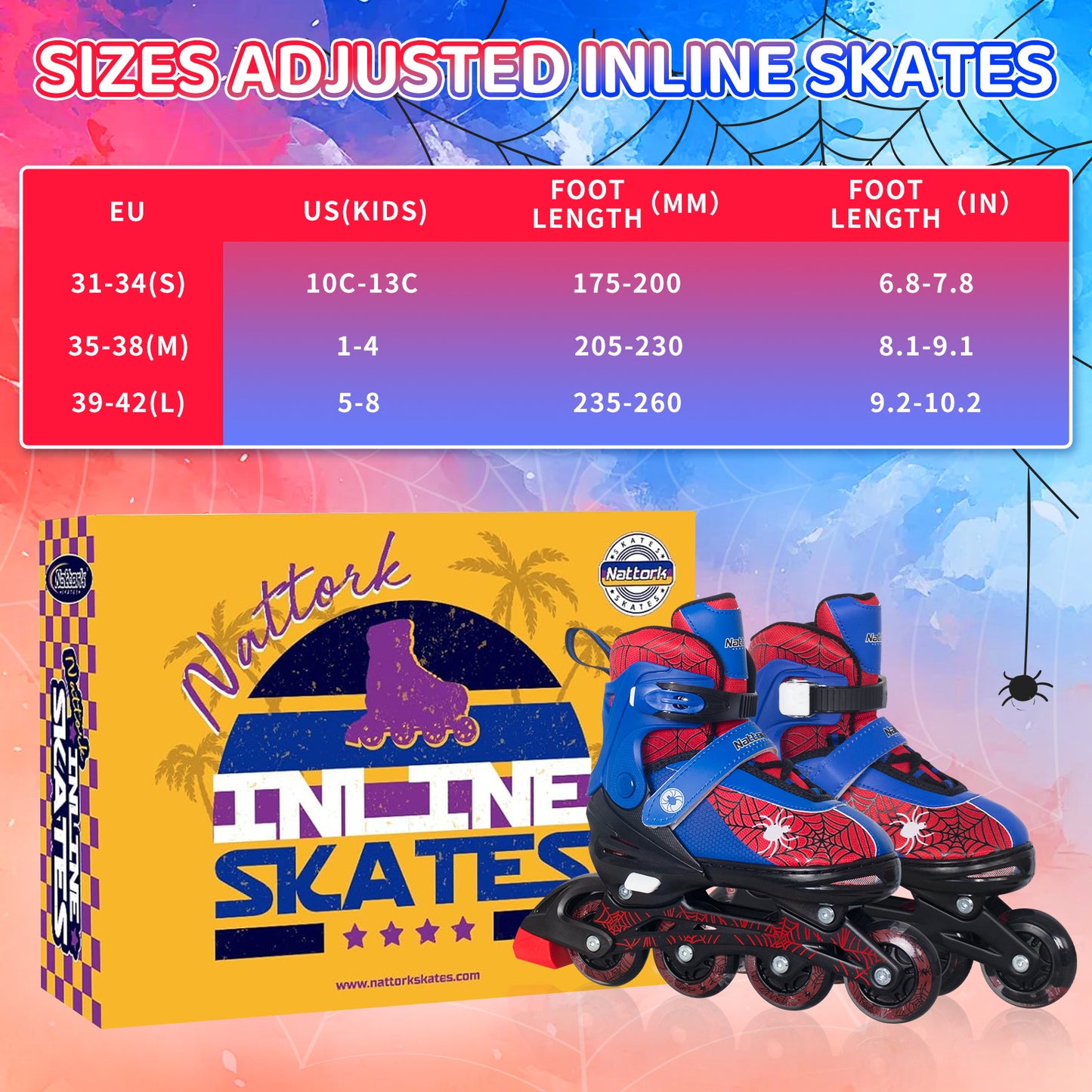 Nattork SPIDER Adjustable Inline Skates for Kids - Blue & Red