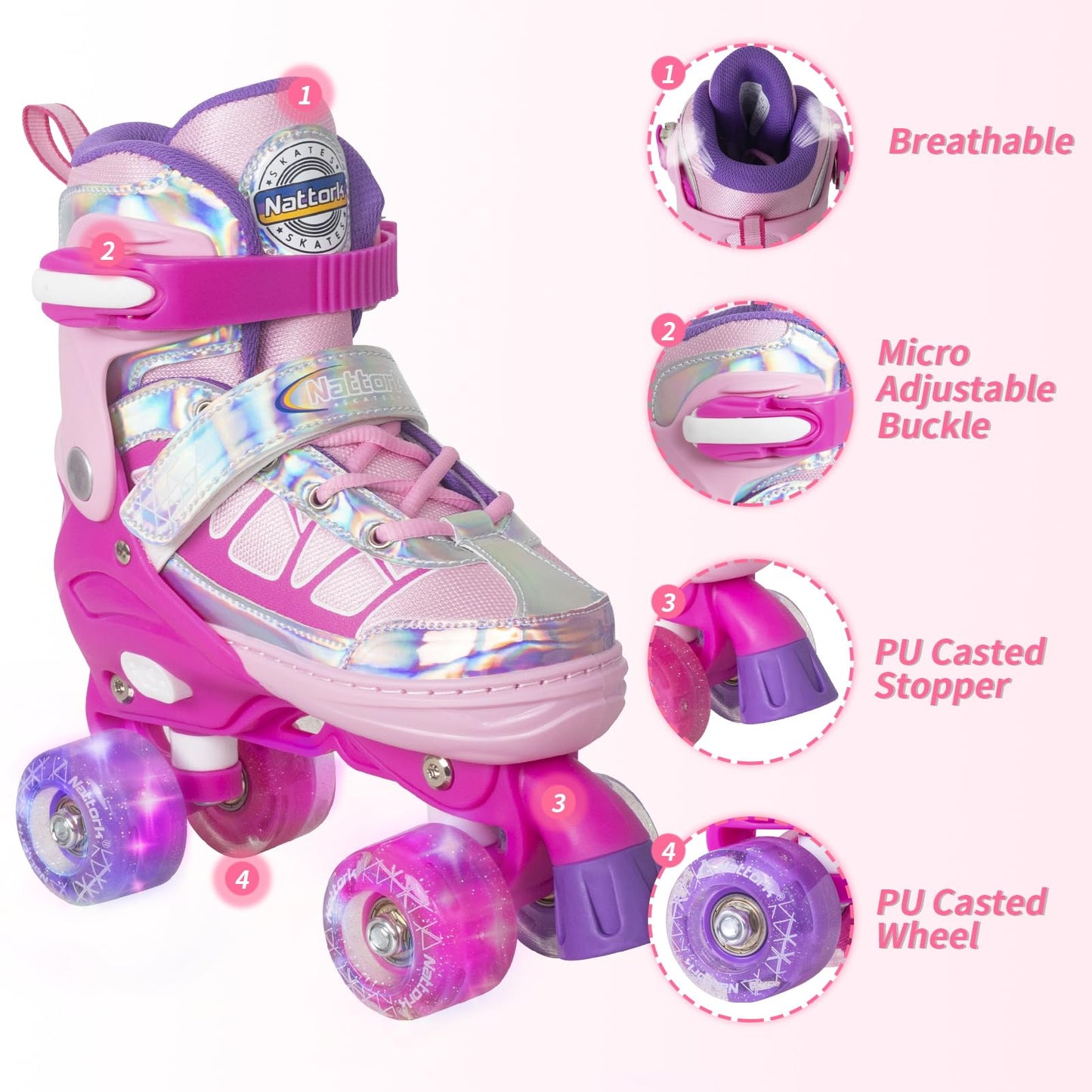 Nattork Adjustable Roller Skates for Kids - Rose Red
