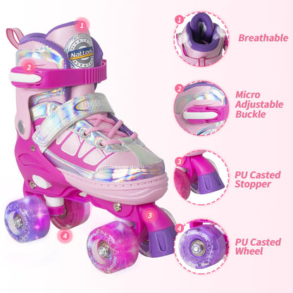 Nattork Adjustable Roller Skates for Kids - Rose Red