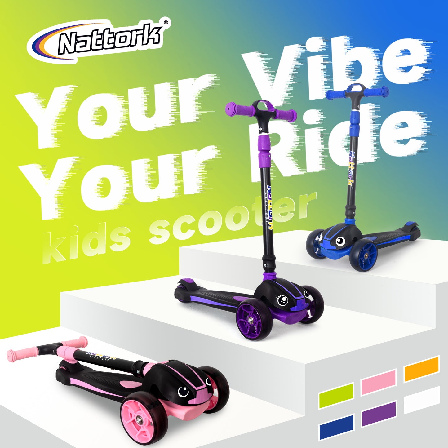 Nattork Foldable Light-Up 3-Wheel Scooter for Kids Ages 3–12 - Green