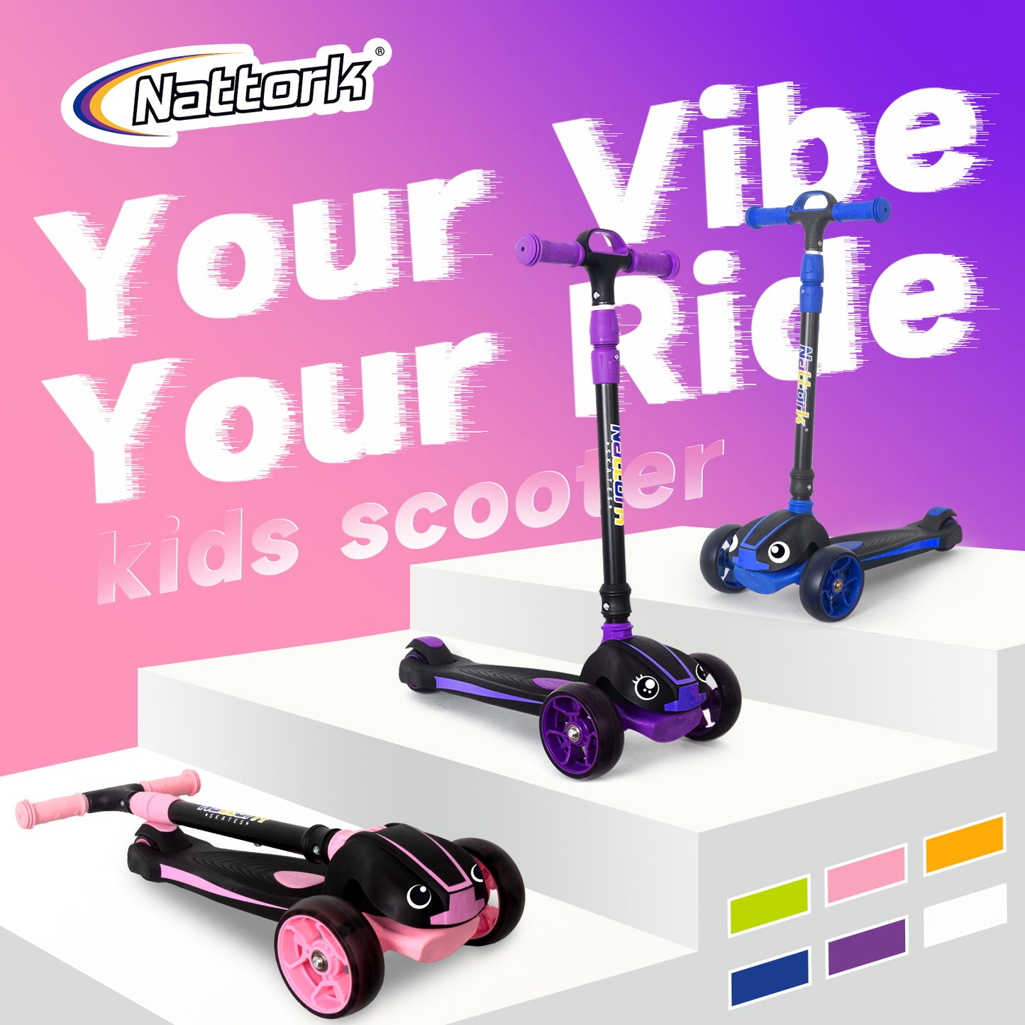 Nattork Foldable Light-Up 3-Wheel Scooter for Kids Ages 3–12 - Pink