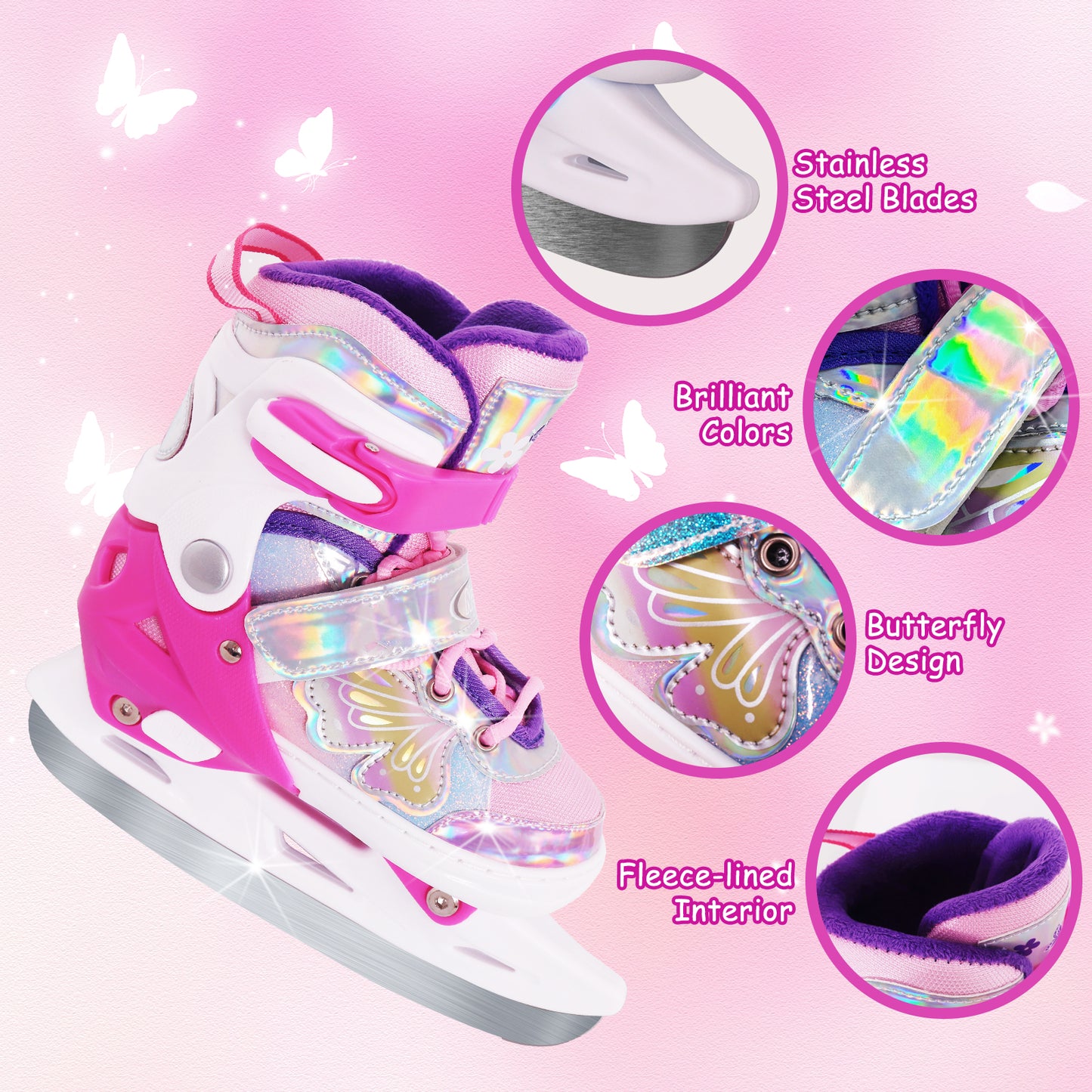 Nattork Adjustable Ice Skates for Kids - Fairy Wing Viva Magenta