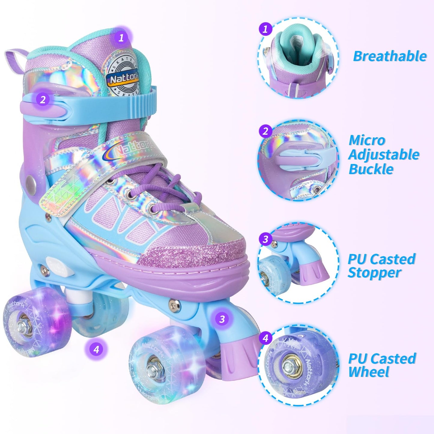Nattork Adjustable Roller Skates for Kids - Lavender