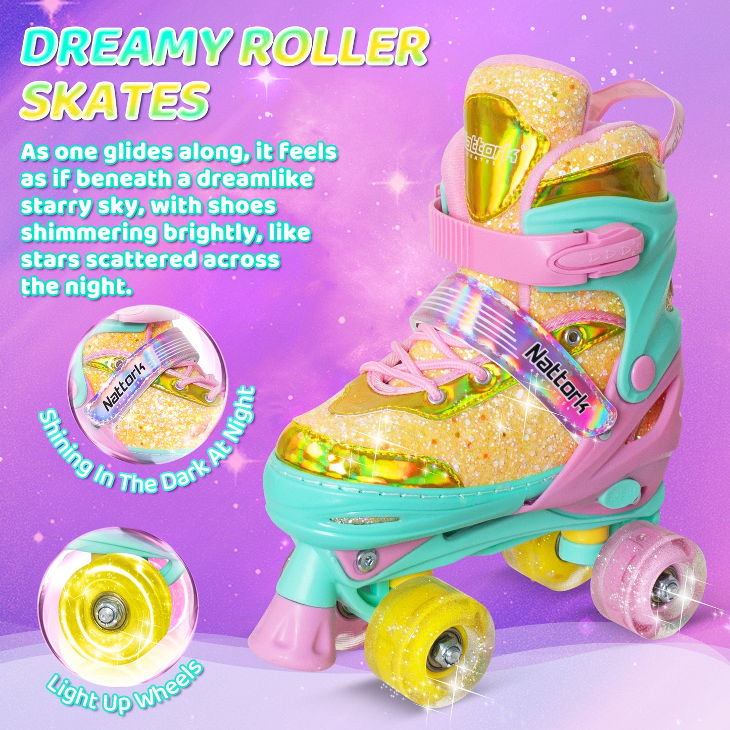 Patines ajustables Nattork para niños - Candy Sparkly Purple