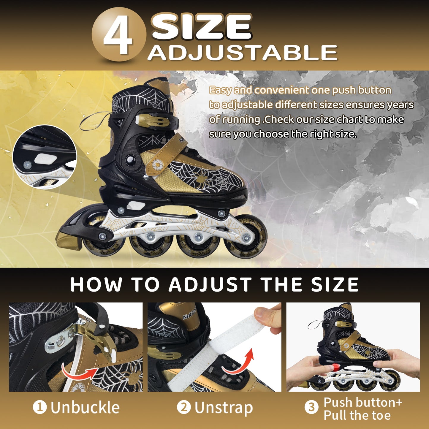 Nattork SPIDER Adjustable Inline Skates for Kids - Black & Gold