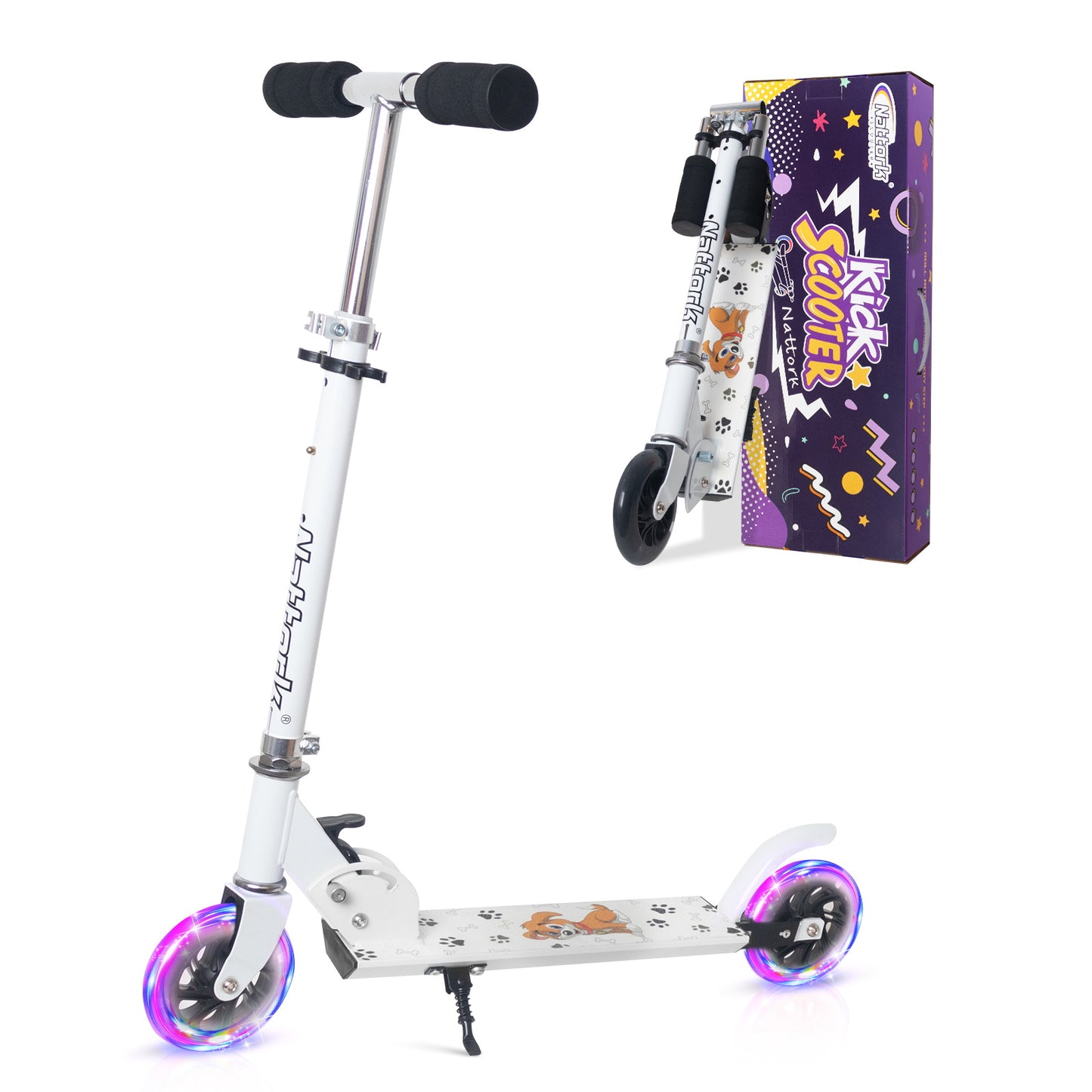 Patinete plegable para niños Nattork con luces, de 3 años en adelante, color blanco cachorro