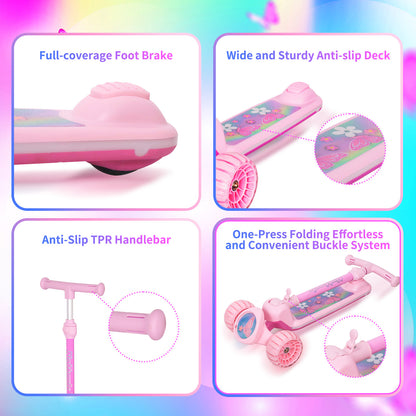 Nattork Foldable Light-Up 3-Wheel Scooter for Kids Ages 3+ - Fairy Wing Pink