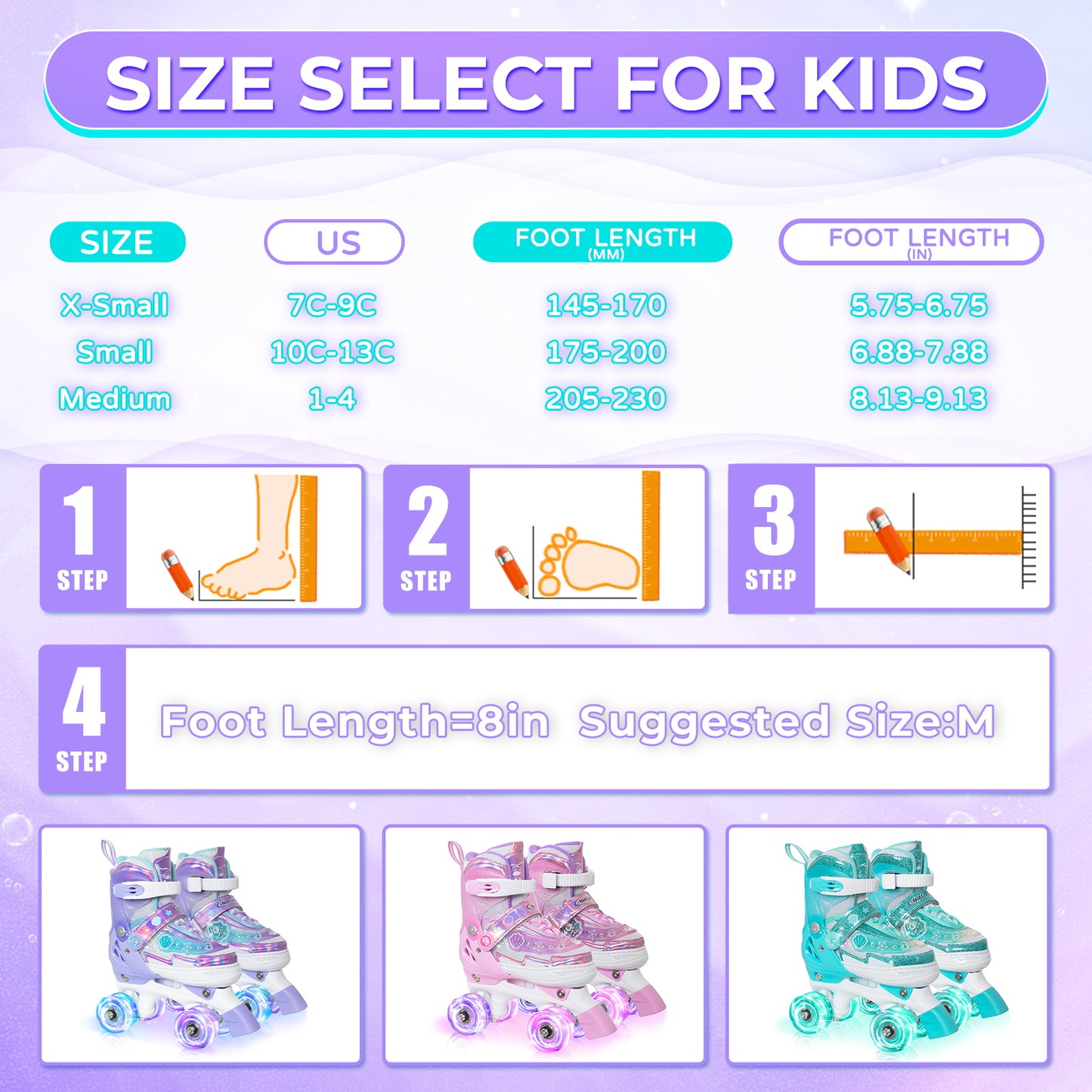 Nattork Adjustable Roller Skates for Kids - Purple Oceanic Light