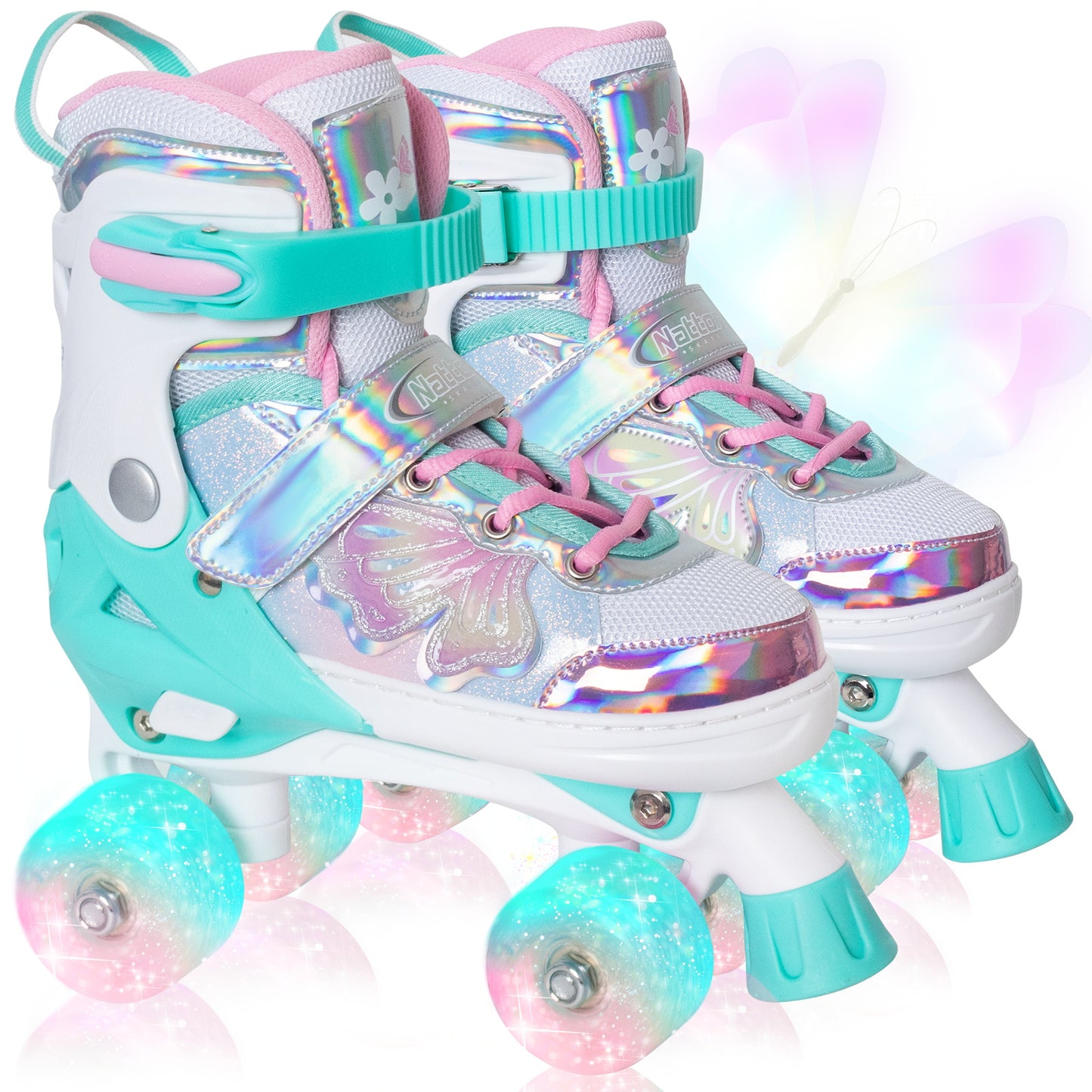 Nattork Adjustable Roller Skates for Kids - Fairy Wing Teal Fantasy