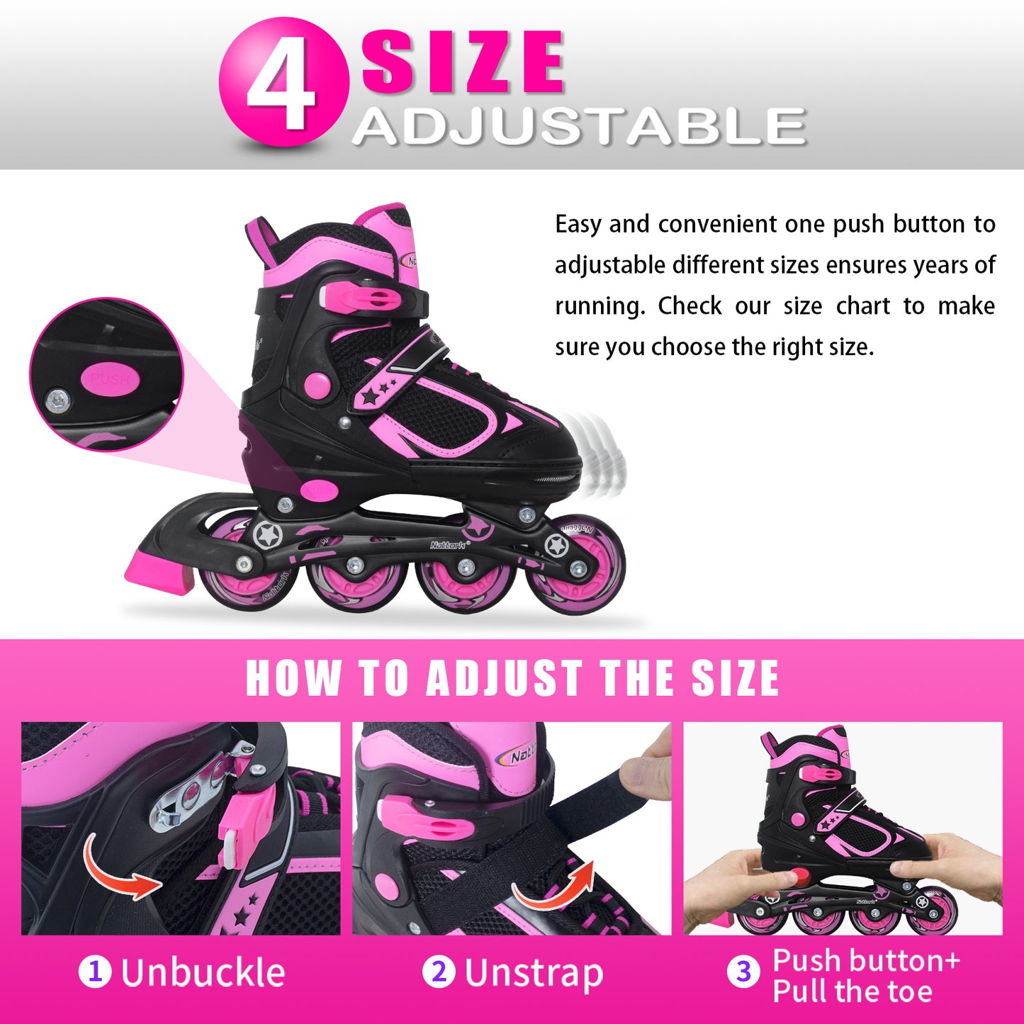 Nattork Adjustable Inline Skates for Kids - Rosy
