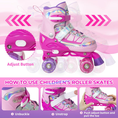 Nattork Adjustable Roller Skates for Kids - Rose Red