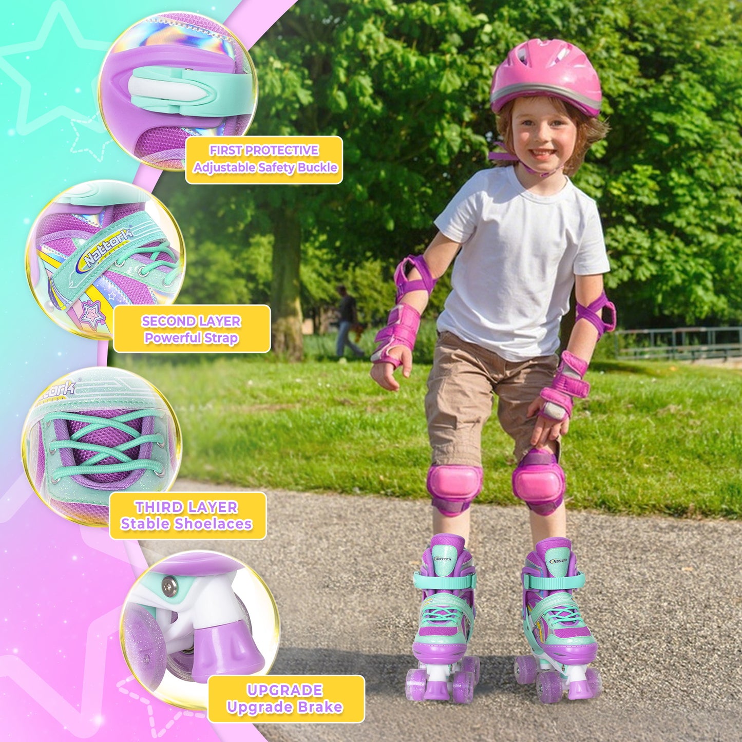 Nattork Adjustable Roller Skates for Kids - Rainbow Star Purple & Teal