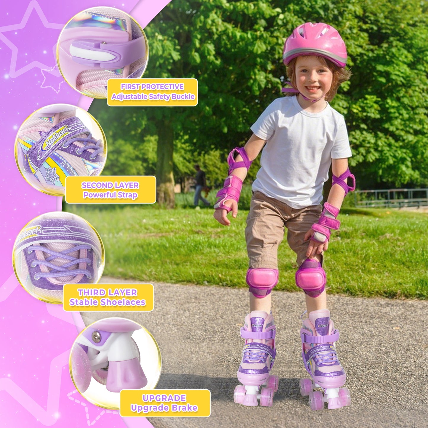Nattork Adjustable Roller Skates for Kids - Rainbow Star Purple & Pink