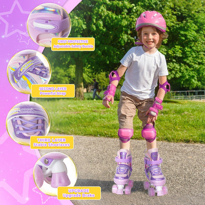 Nattork Adjustable Roller Skates for Kids - Rainbow Star Purple & Pink