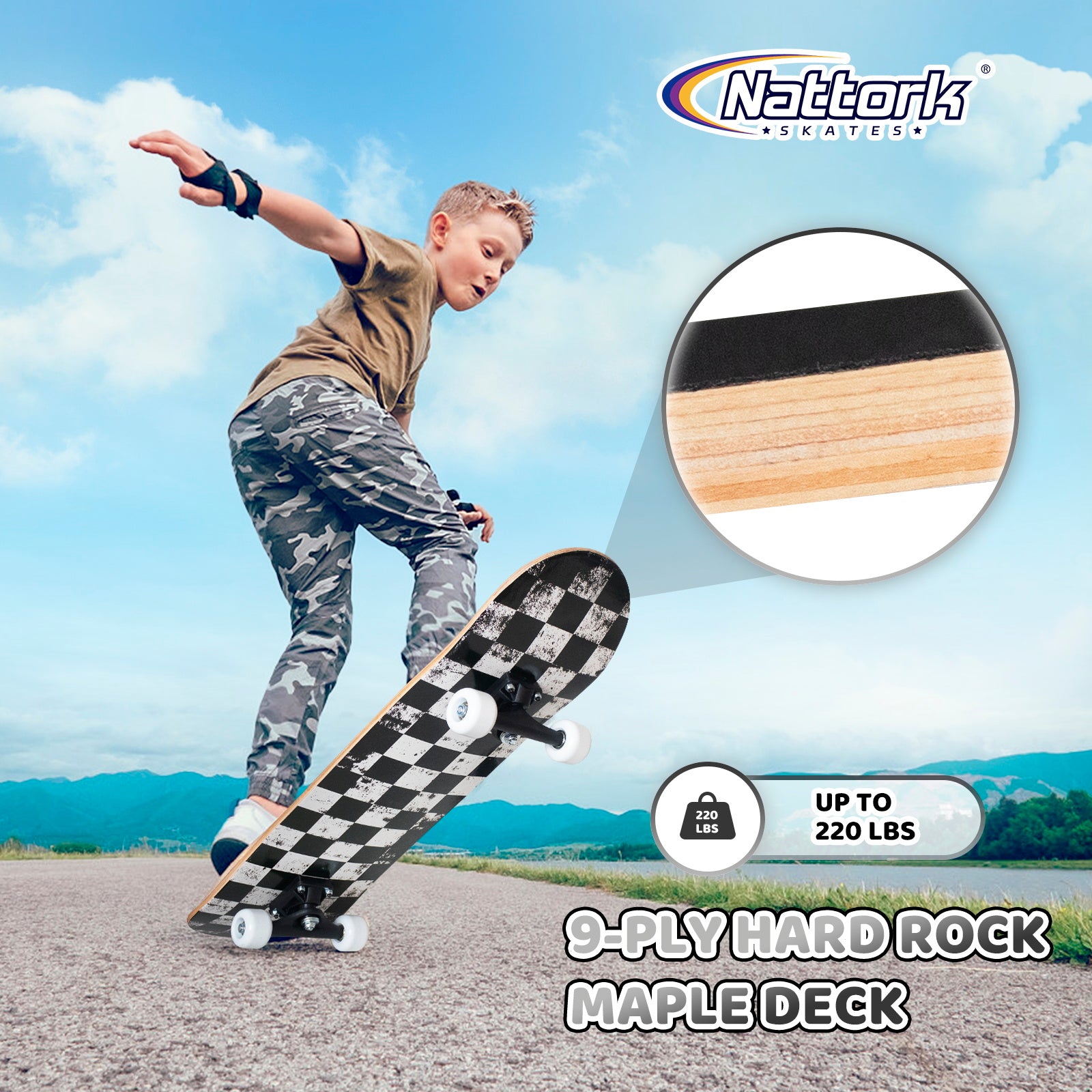 Nattork Classic 31 Double Kick Skateboard - Black&White Square