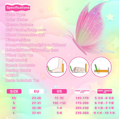 Nattork Adjustable Roller Skates for Kids - Fairy Wing Teal Fantasy
