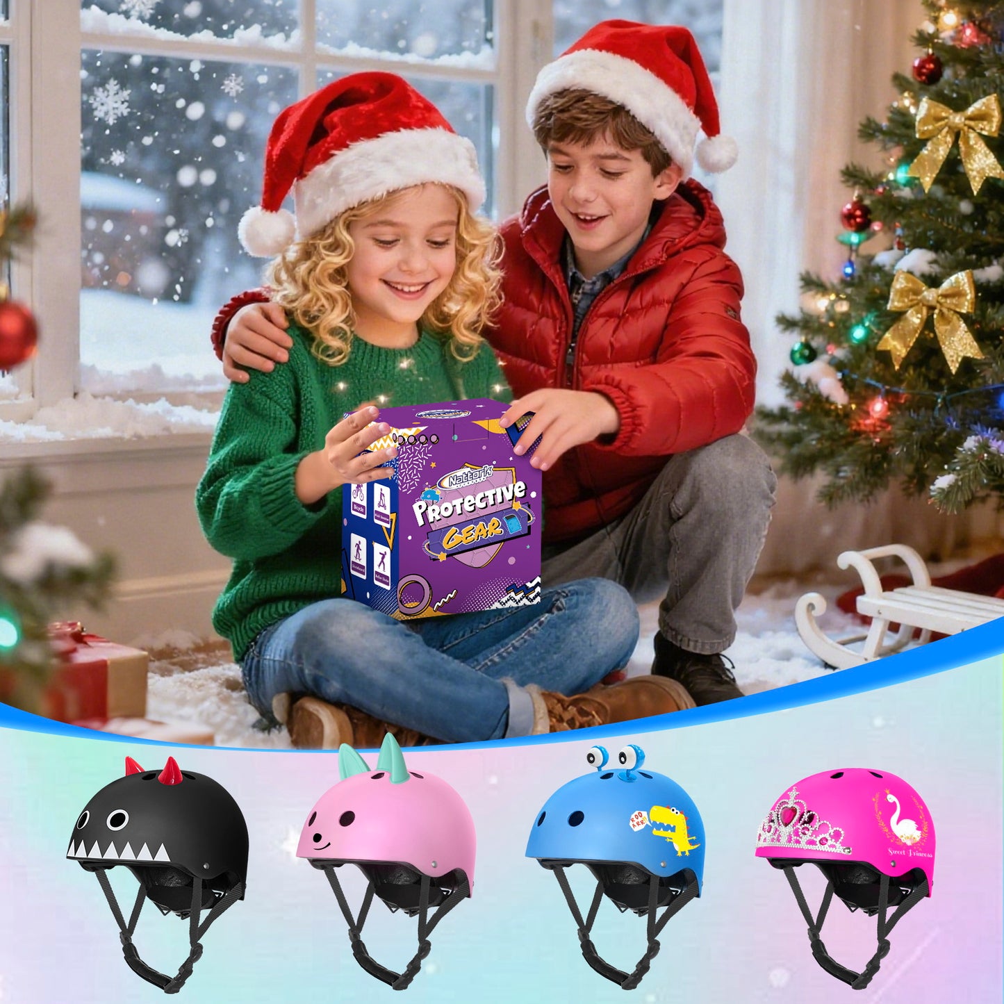 Nattork Skate Helmet Protective Gear for Kids - Blue Dinosaur