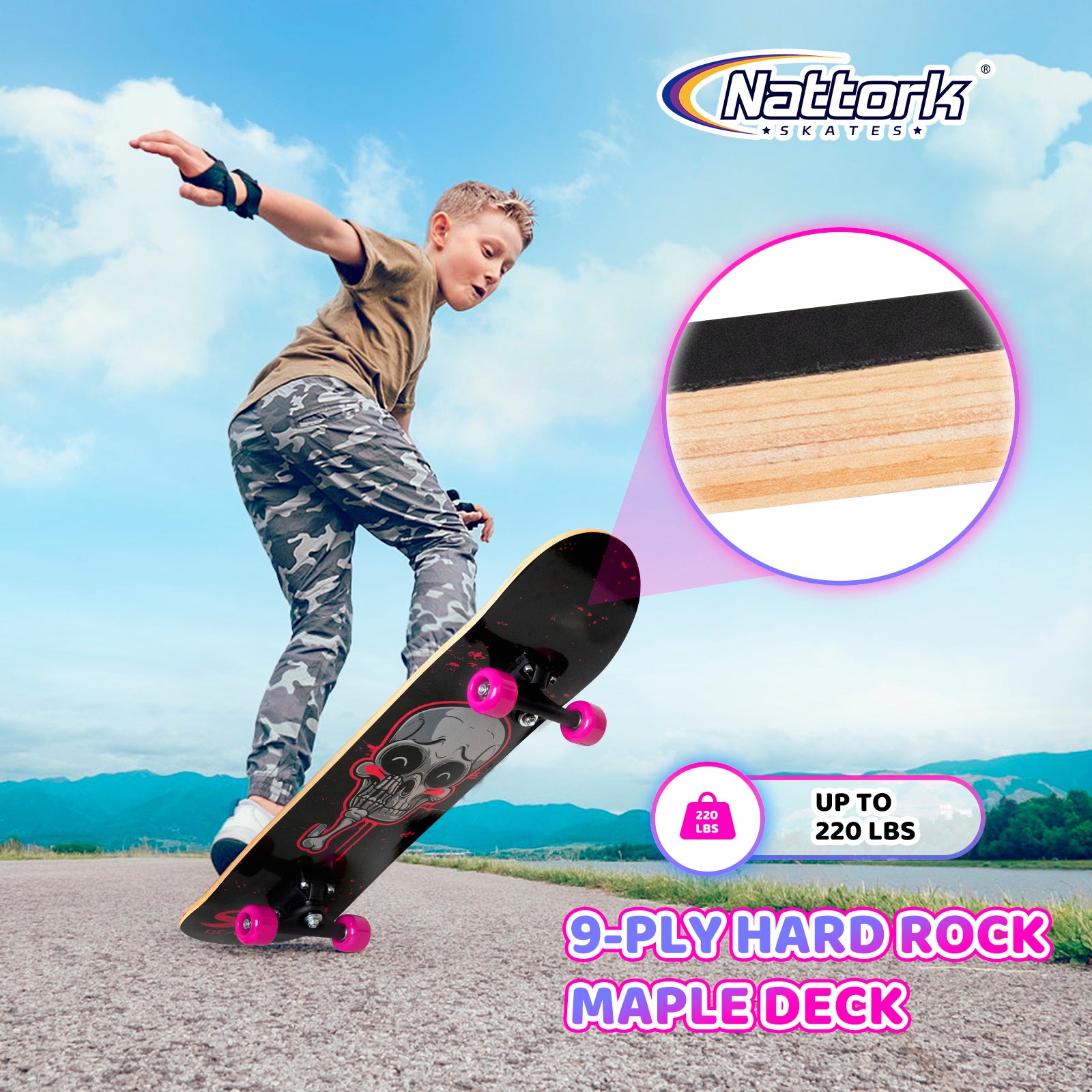 Nattork Classic 31 Double Kick Skateboard - Pink Skeleton