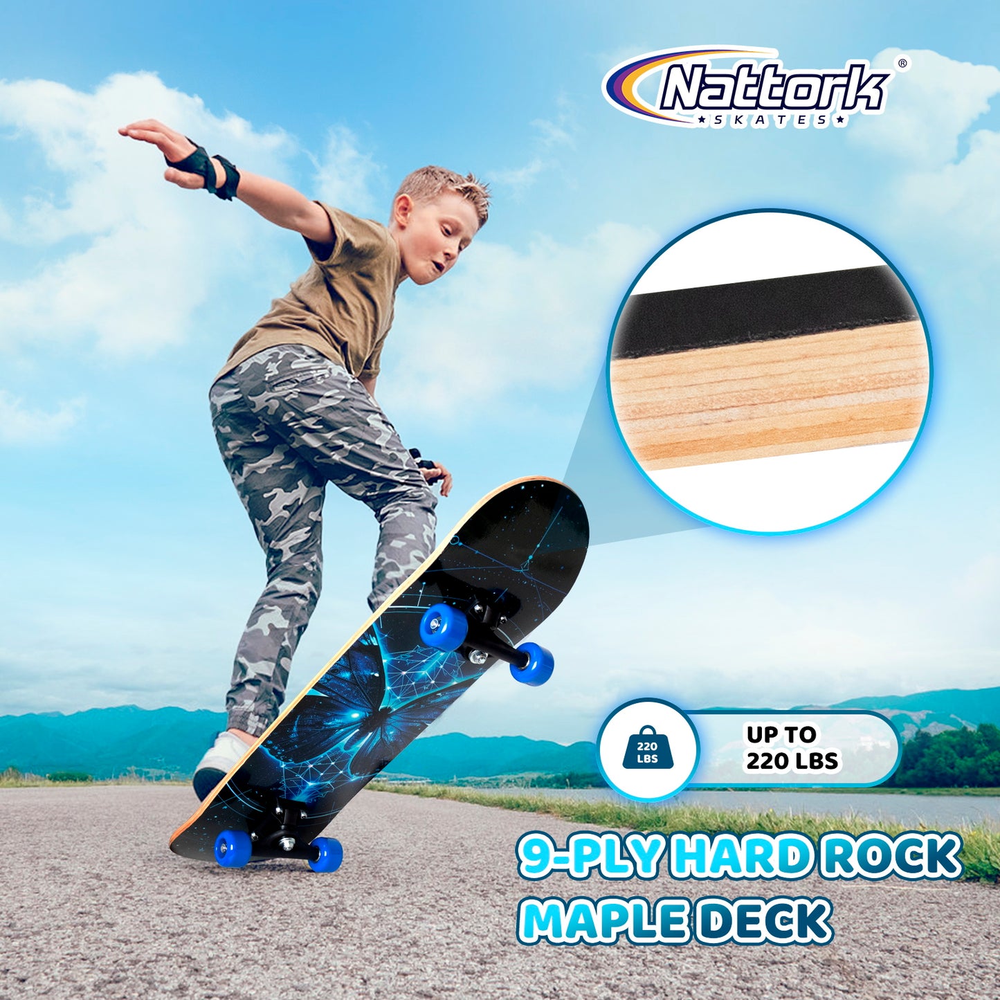 Nattork Skateboards 31 Inch - Bule Butterfly