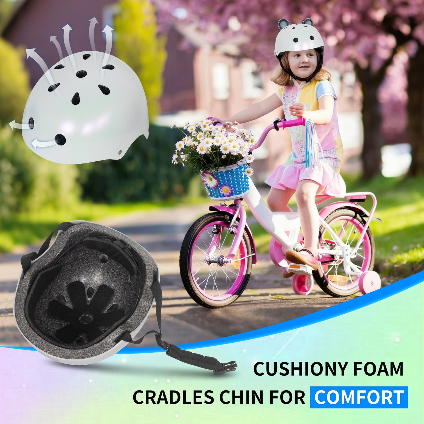 Nattork CYBER PANDA Skate Helmet Protective Gear for Kids - Pearl