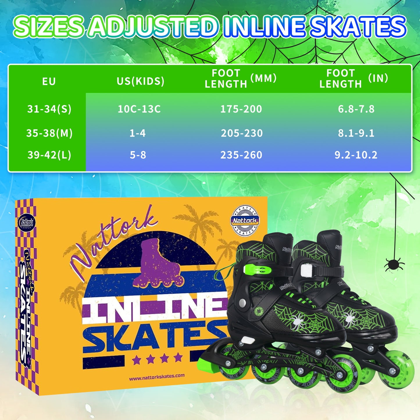 Nattork SPIDER Adjustable Inline Skates for Kids - Black & Green