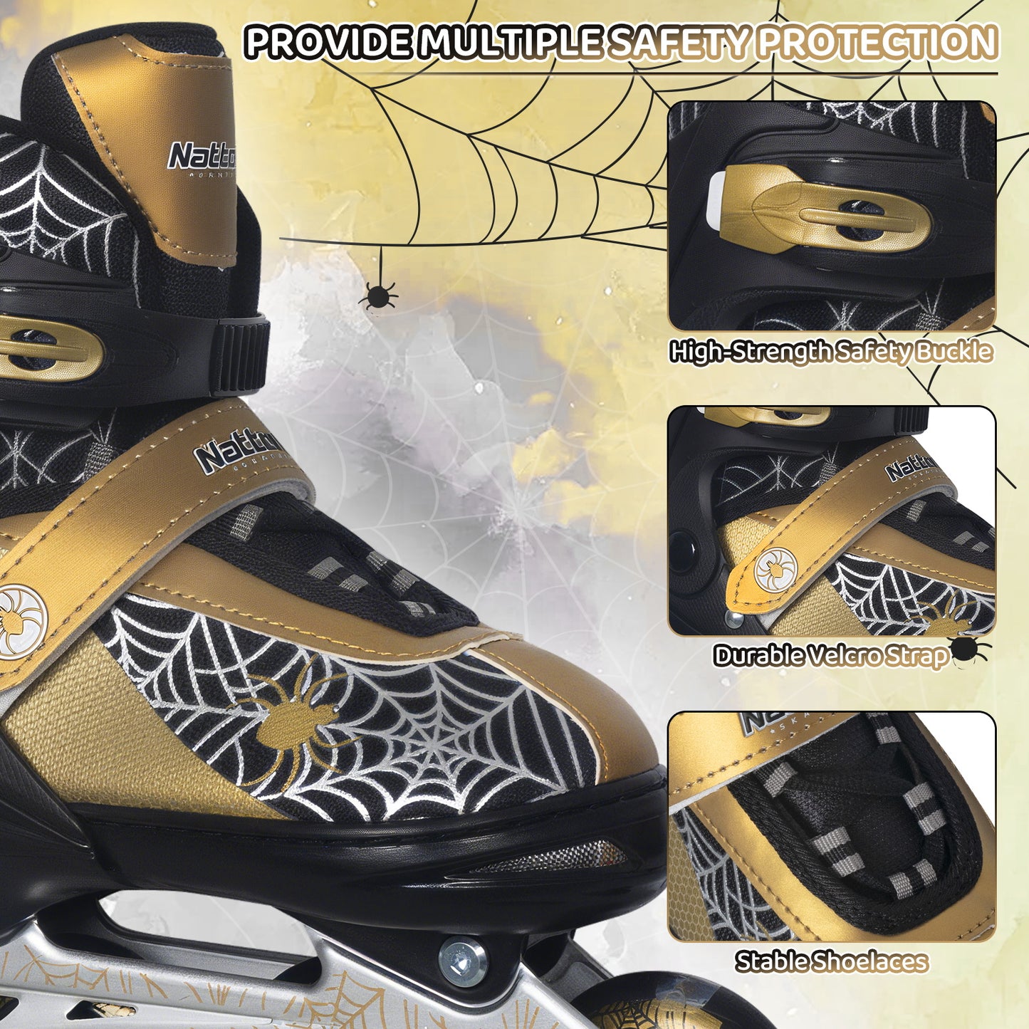 Nattork SPIDER Adjustable Inline Skates for Kids - Black & Gold