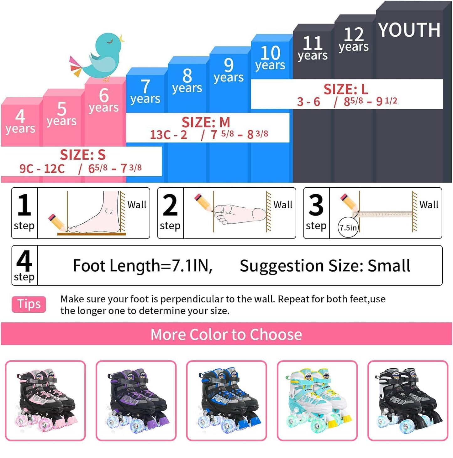 Nattork Adjustable Roller Skates for Kids - Rose Red