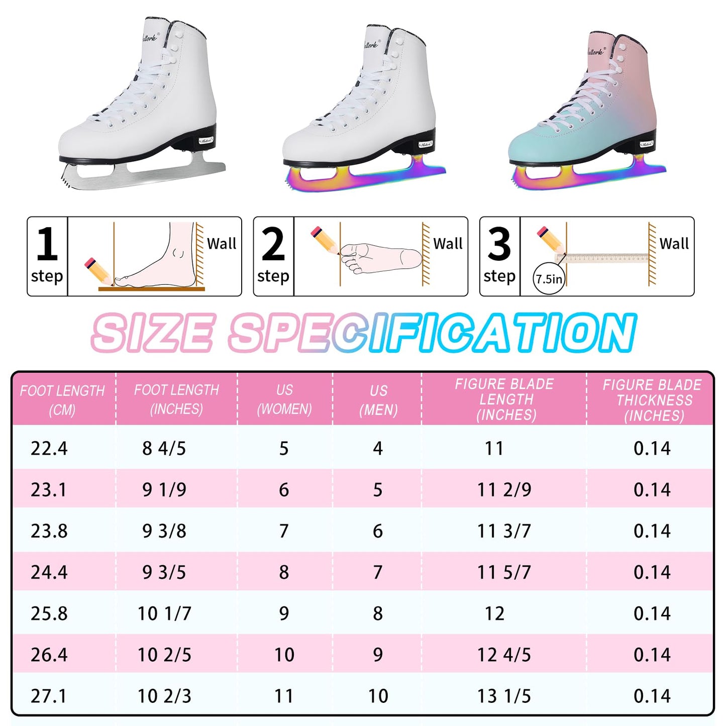 Patines artísticos para hielo Nattork: cuchillas BLANCAS y de colores