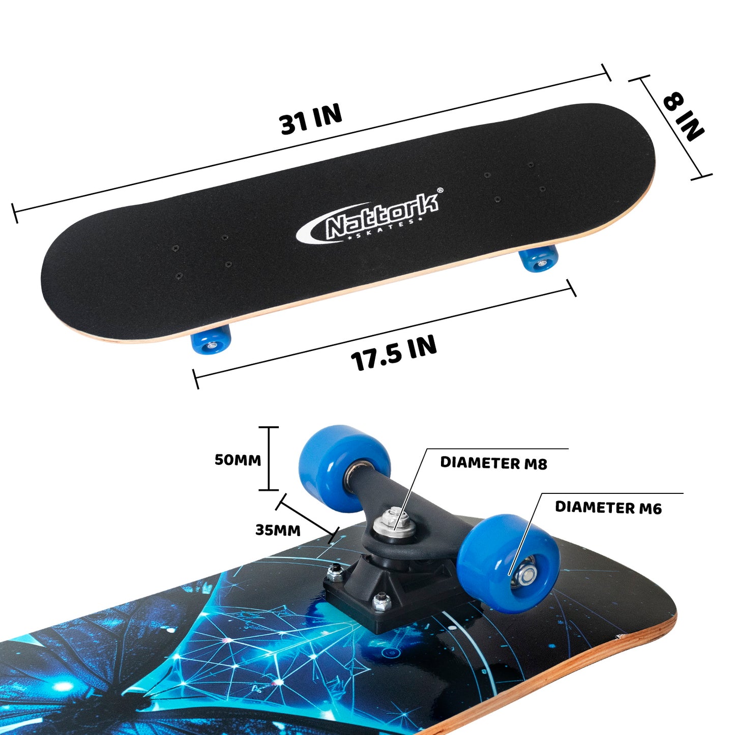 Nattork Skateboards 31 Inch - Bule Butterfly