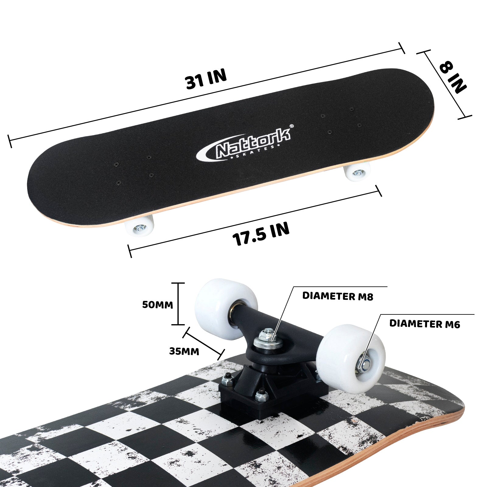 Nattork Skateboards 31 Inch - Black&White Square Complete