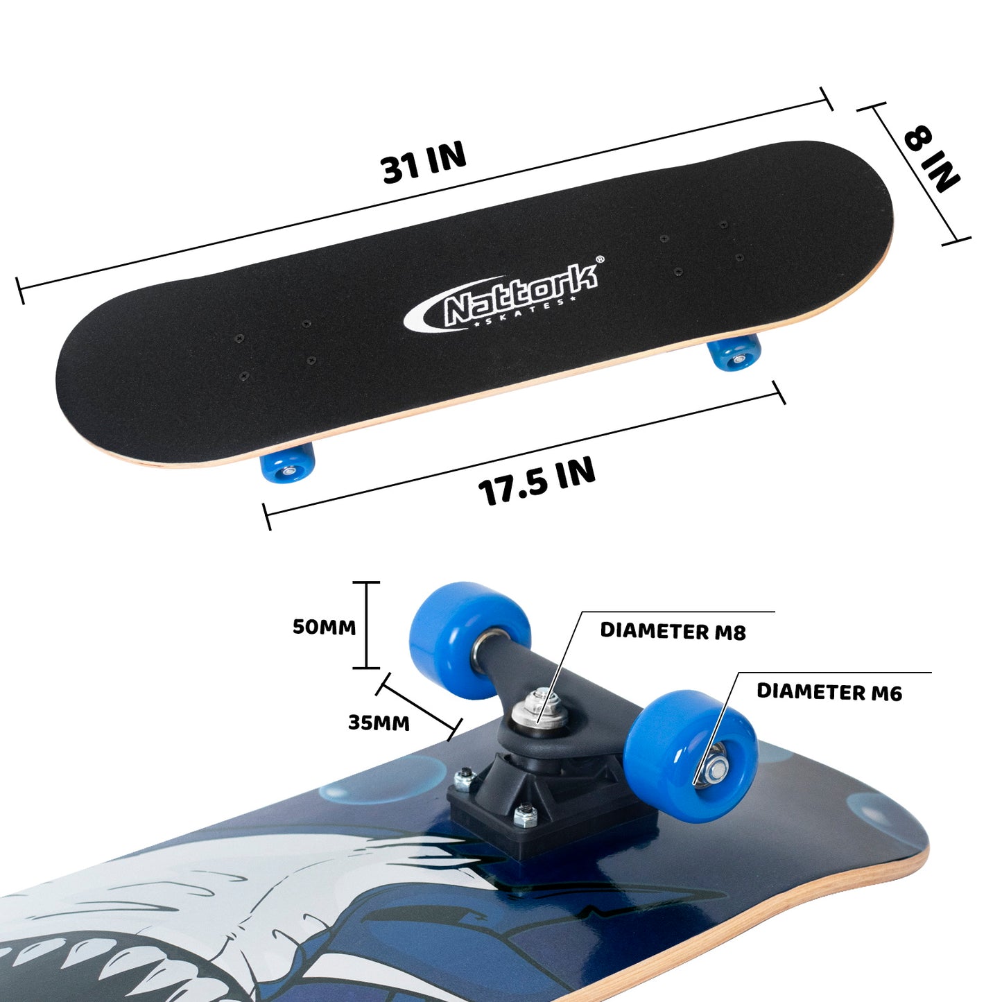 Nattork Skateboards 31 Inch - Blue Shark