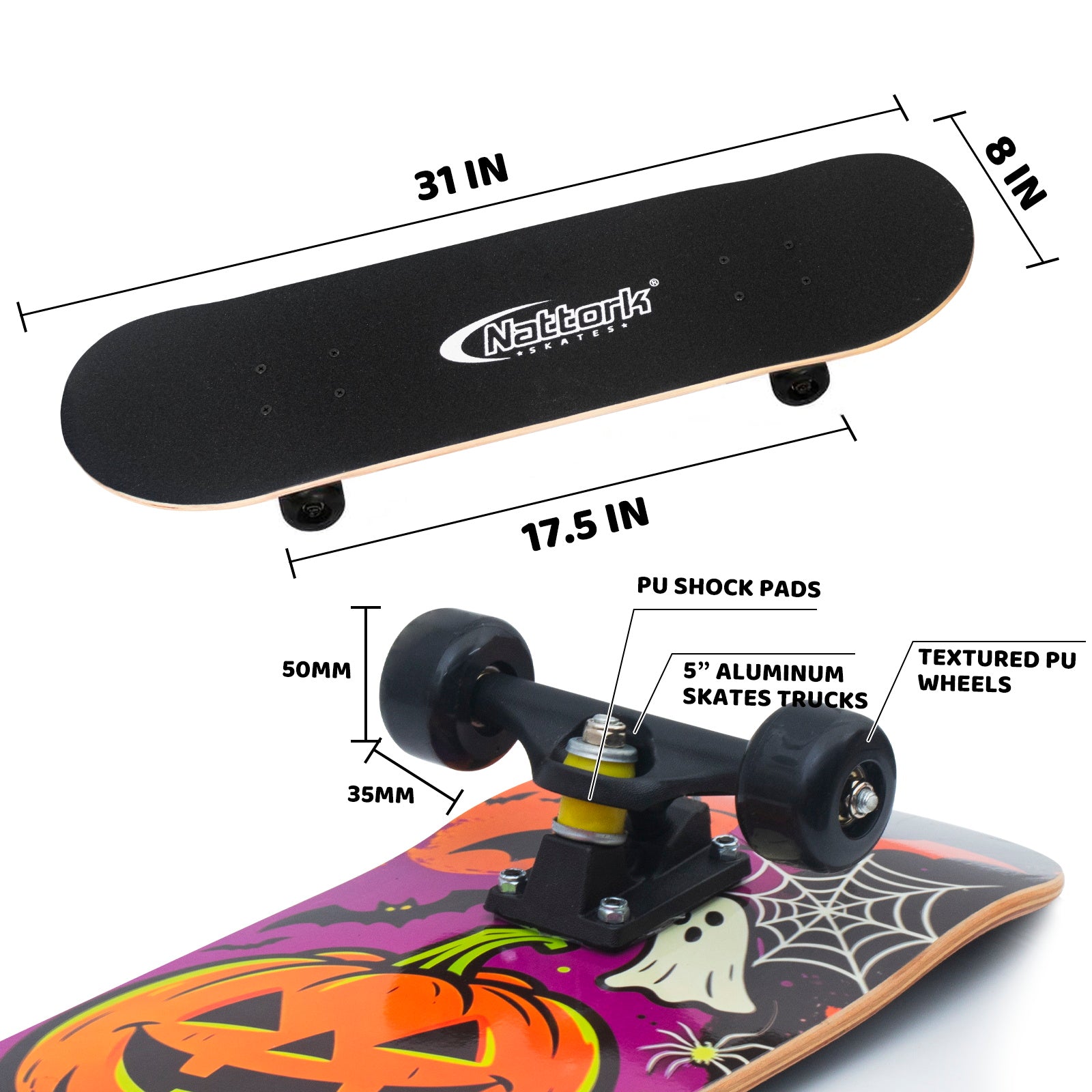 Nattork Classic 31 Double Kick Skateboard - Ghost Bat Halloween