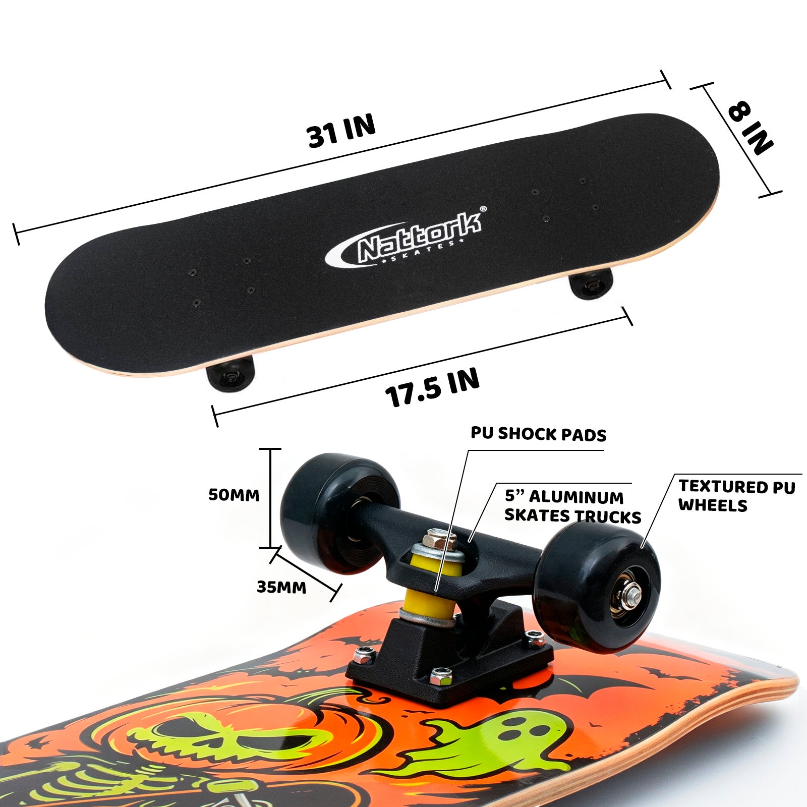 Nattork Classic 31 Double Kick Skateboard - Skeleton Halloween