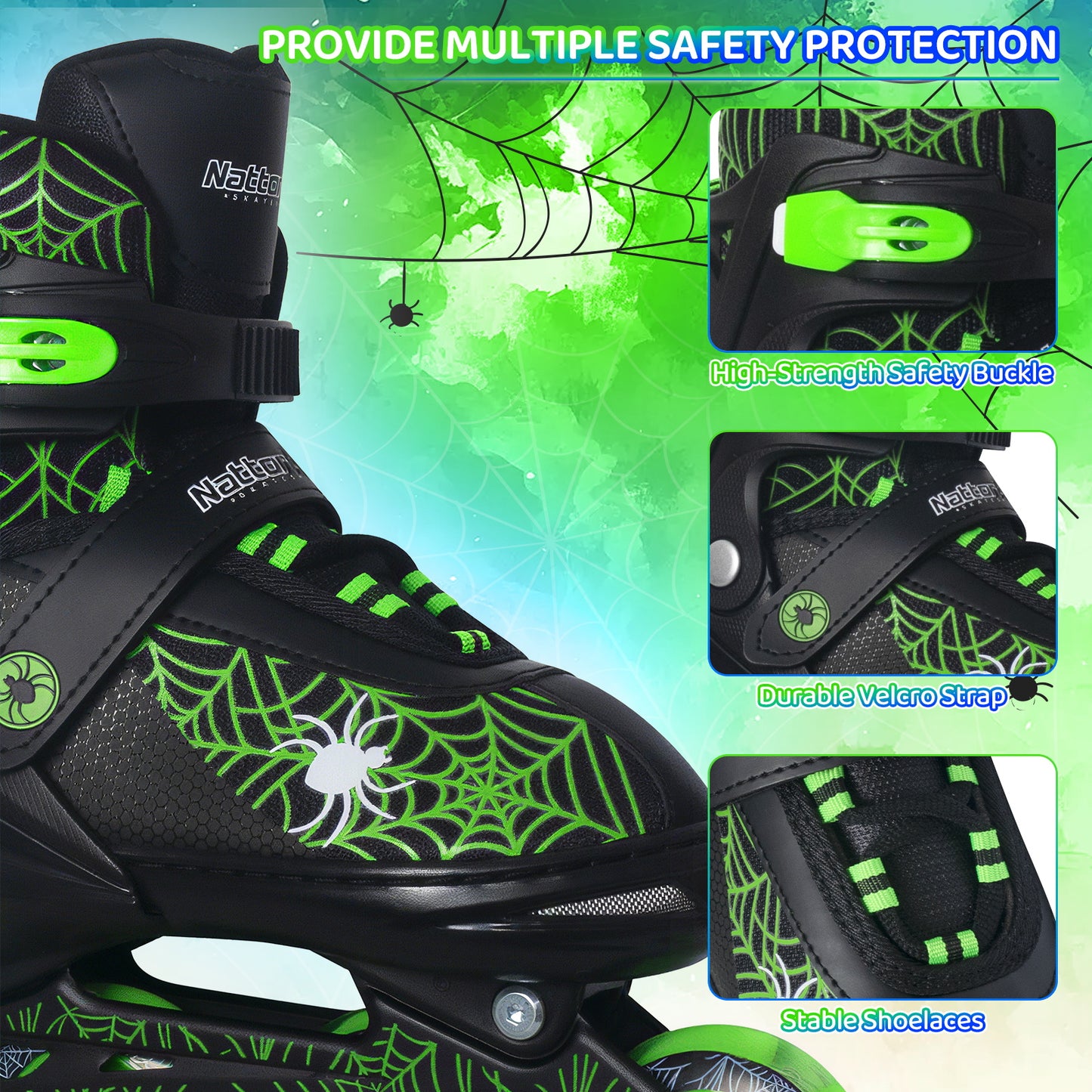 Nattork SPIDER Adjustable Inline Skates for Kids - Black & Green