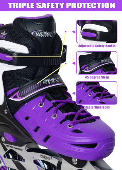 Nattork Adjustable Inline Skates For Kids & Adults - Purple & White