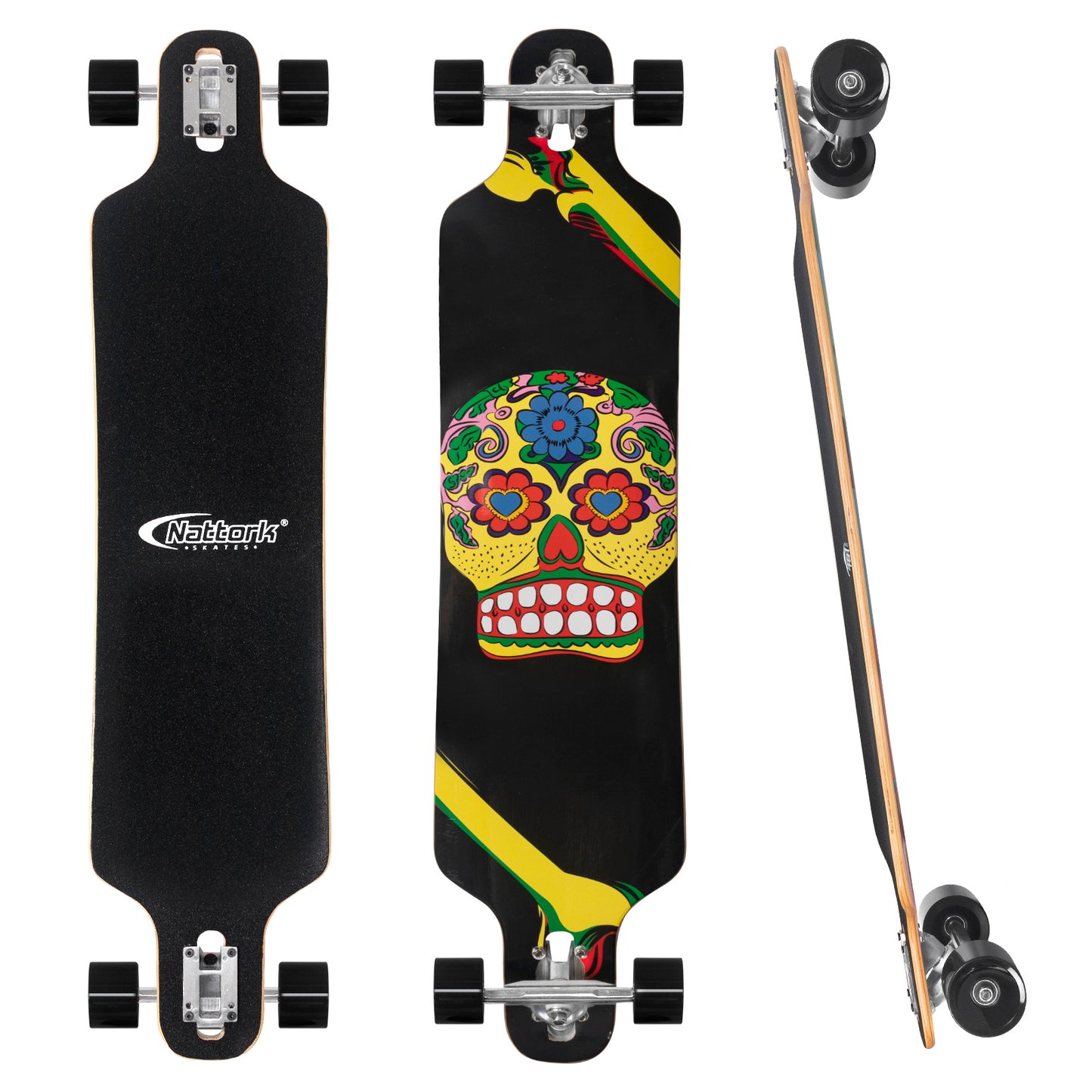 Nattork Long Distance Longboard Skateboard for Adults & Kids - Colorful Skull