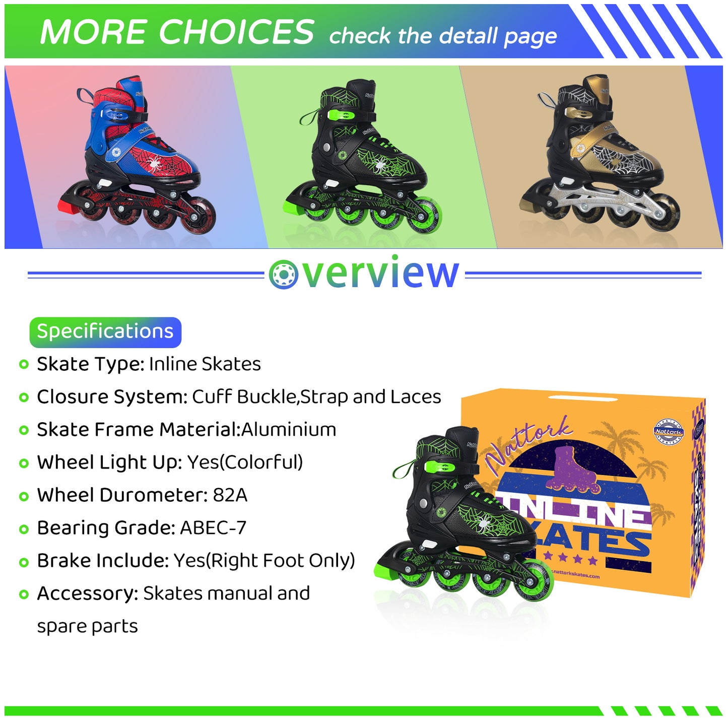 Nattork SPIDER Adjustable Inline Skates for Kids - Black & Green
