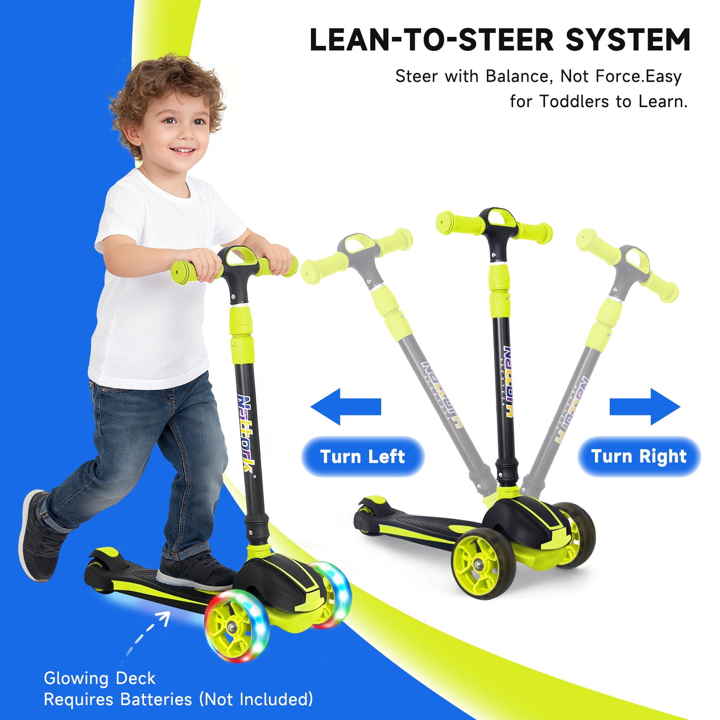 Nattork Foldable Light-Up 3-Wheel Scooter for Kids Ages 3–12 - Green