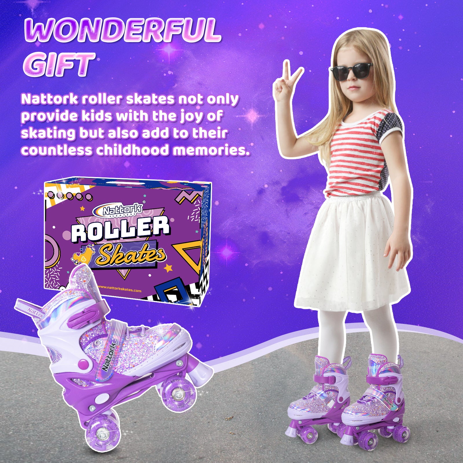 Nattork Adjustable Roller Skates for Kids - Candy Sparkly