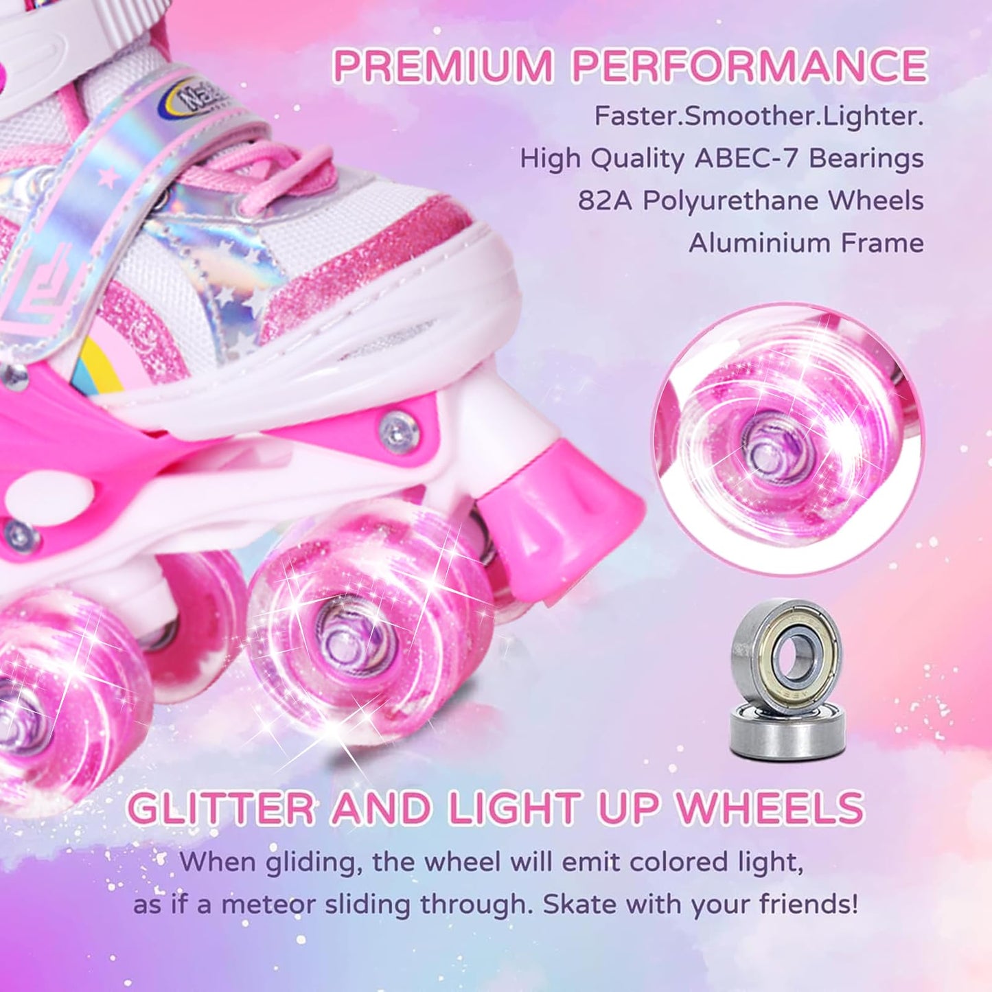 Nattork Adjustable Roller Skates for Kids - Pink