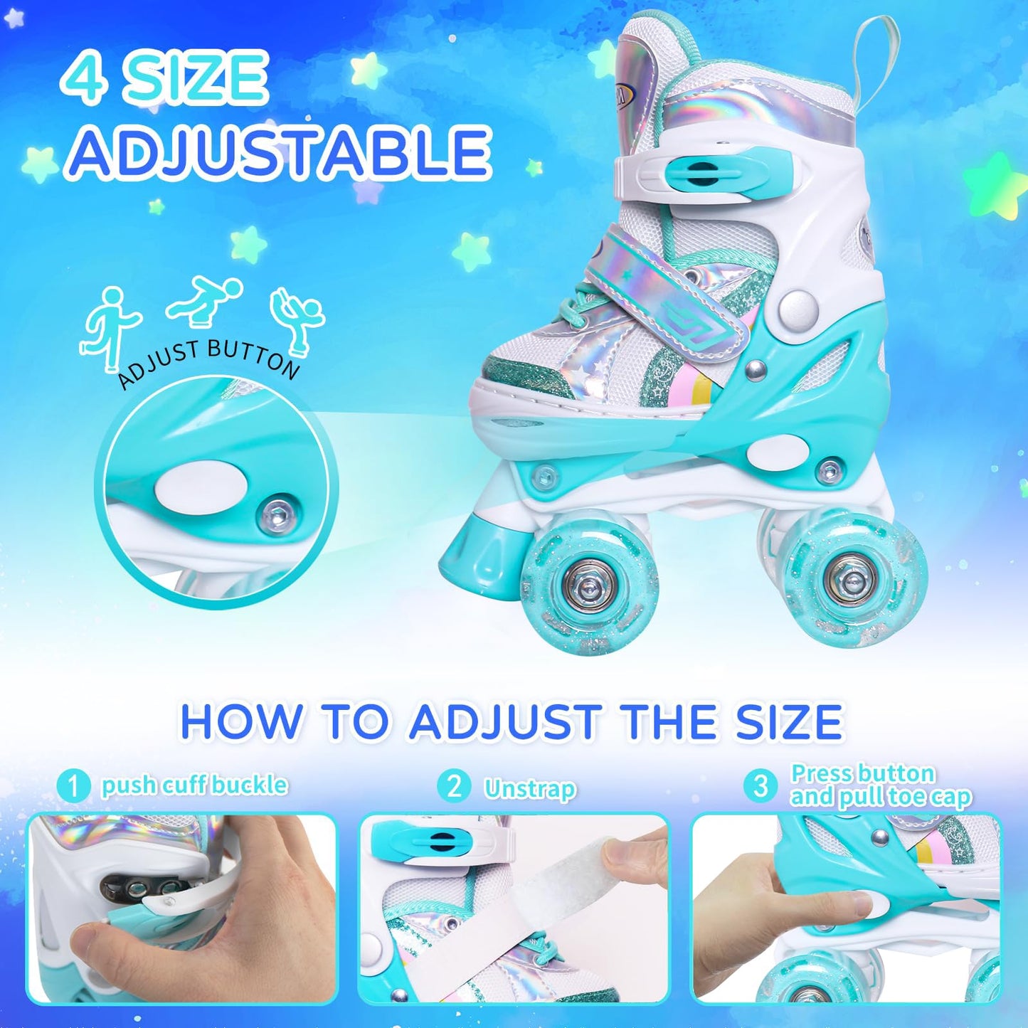 Nattork Adjustable Roller Skates for Kids - Teal