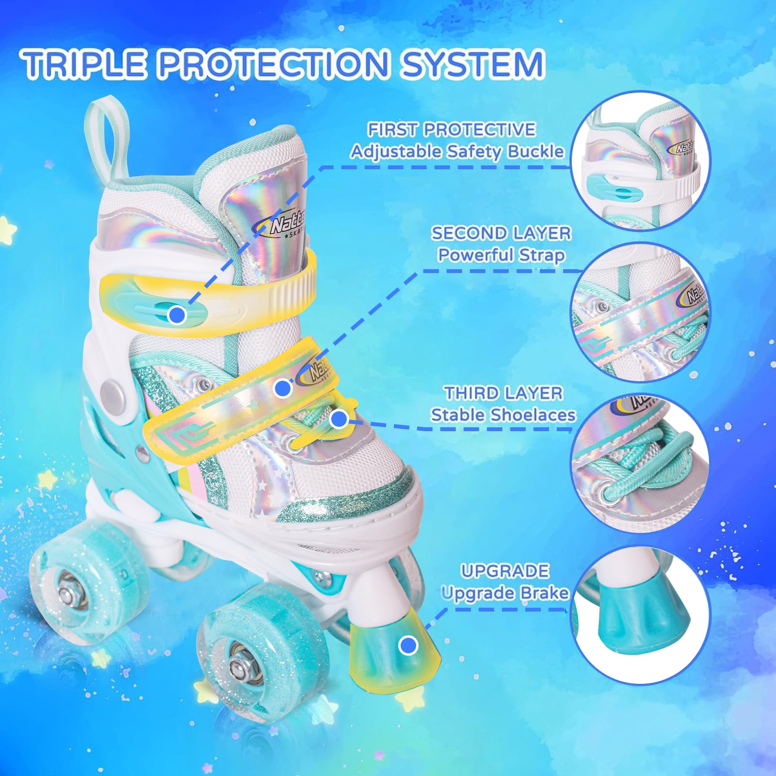 Nattork Adjustable Kids Roller Skates With Light-Up Wheels - 3 Sizes In 1 (Unisex, Strap-On/Buckle)
