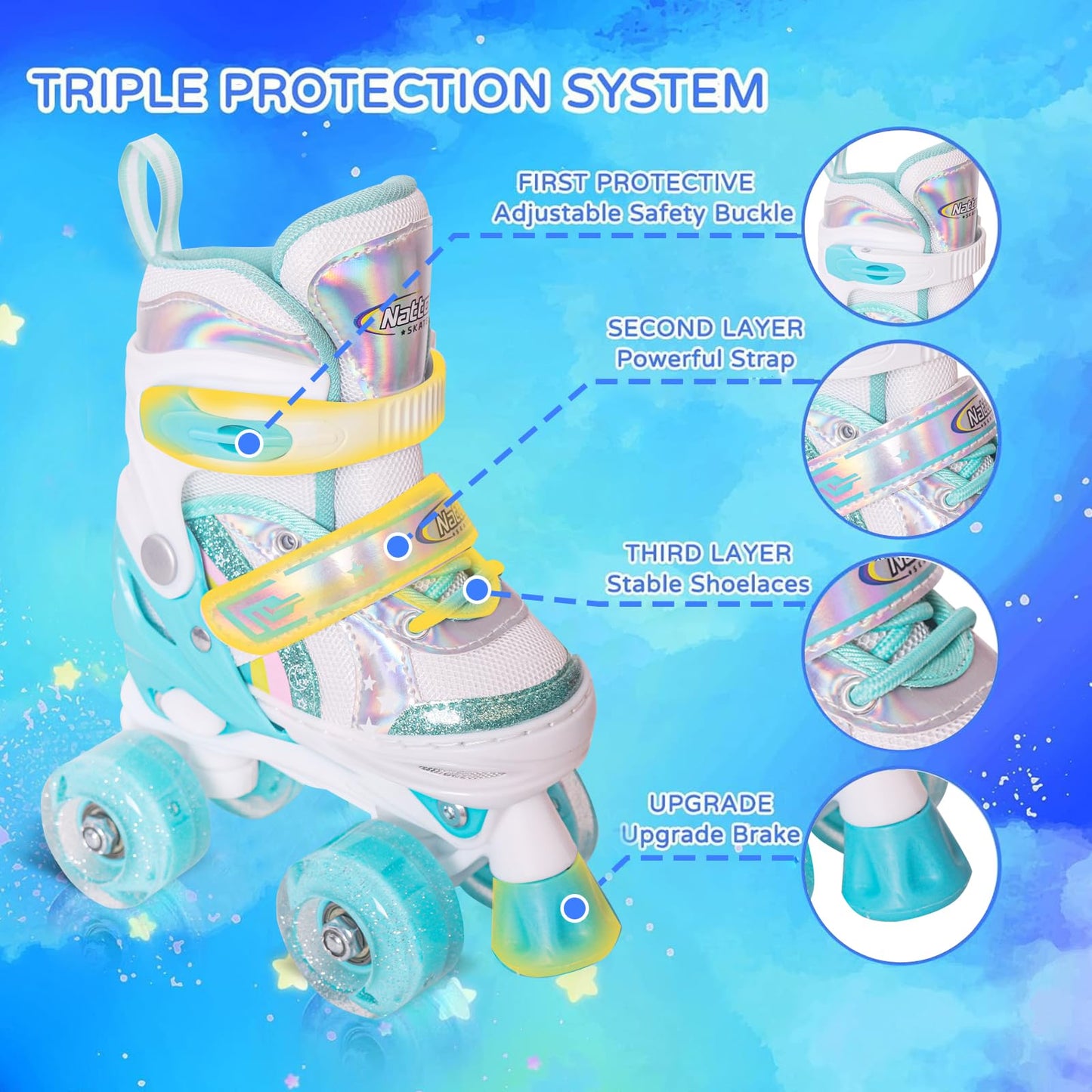 Nattork Adjustable Roller Skates for Kids - Teal