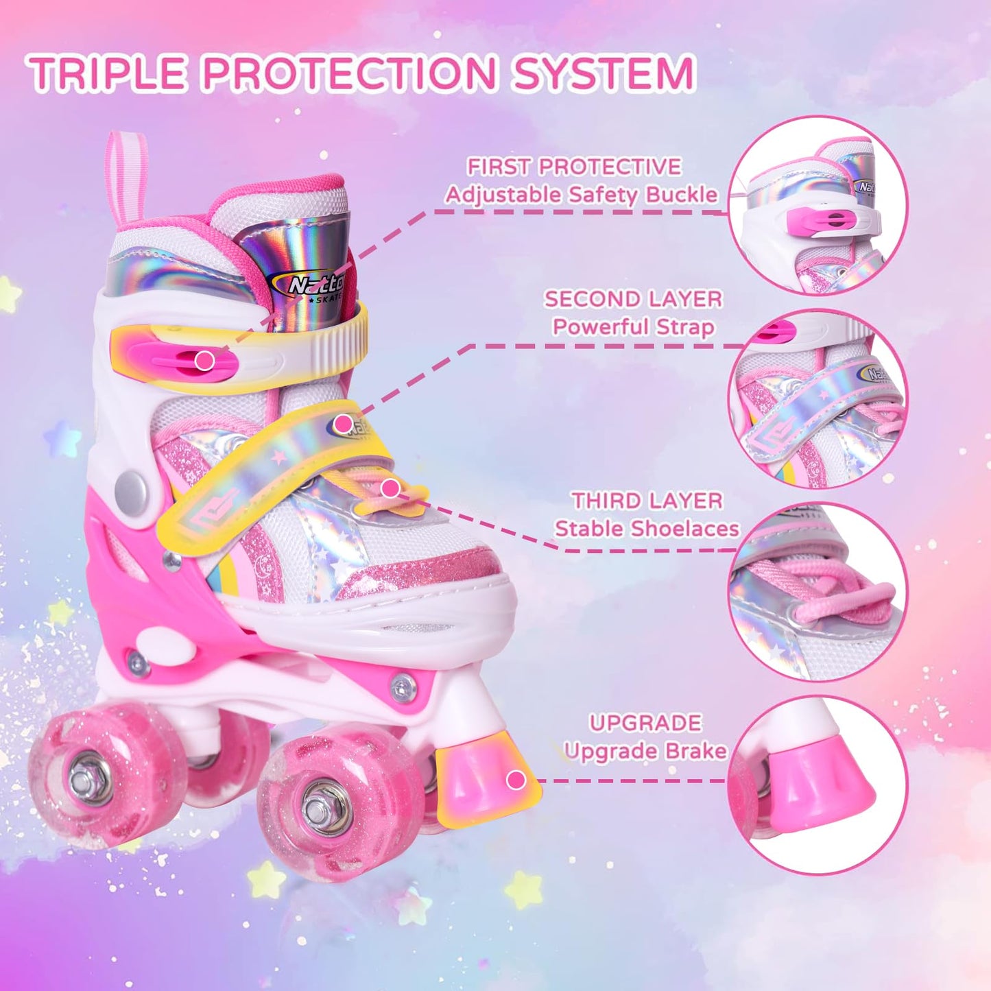 Nattork Adjustable Roller Skates for Kids - Pink