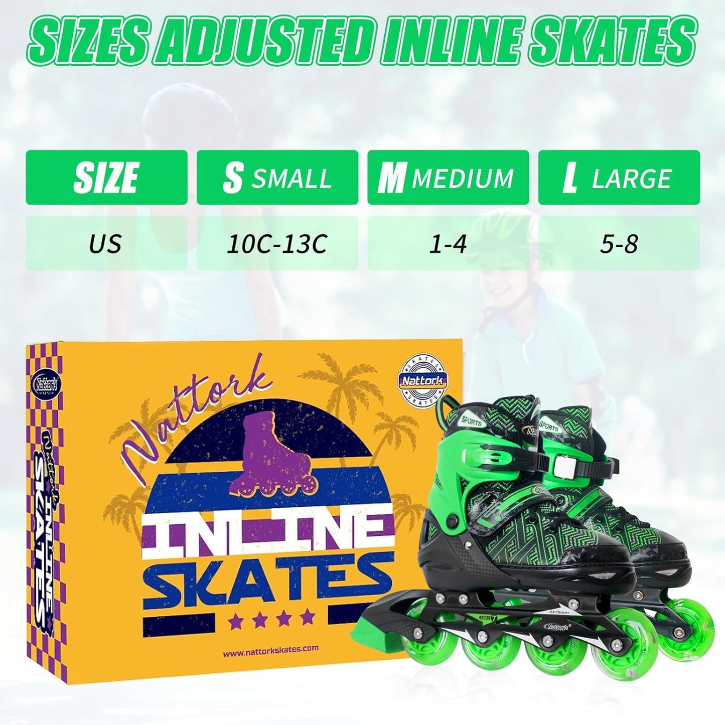 Patines en línea ajustables Nattork para niños, color verde