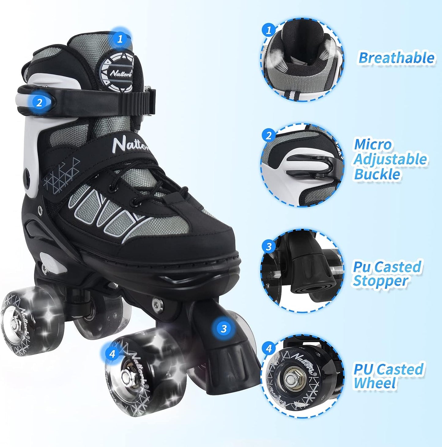 Nattork Adjustable Roller Skates for Kids - Black & white