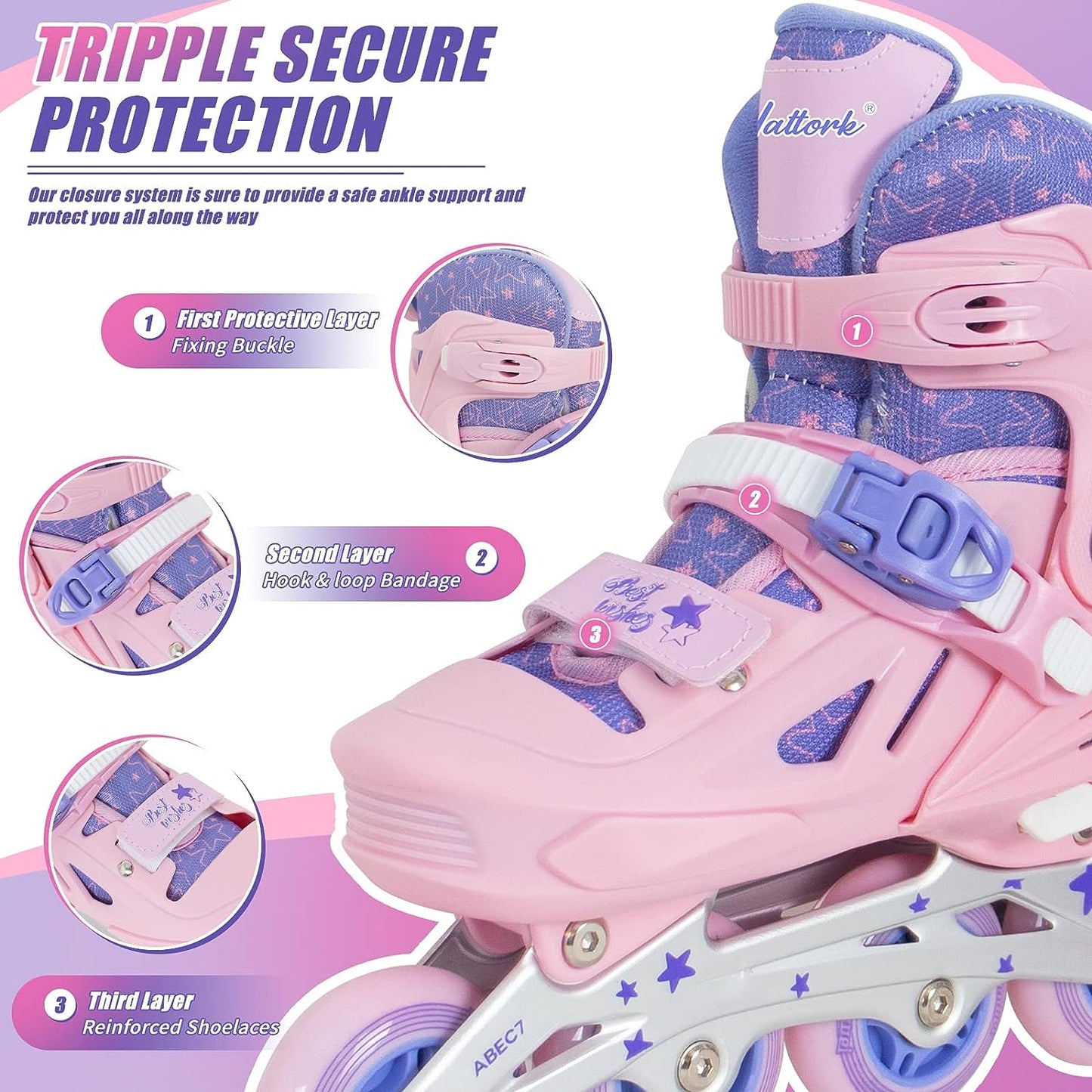 Nattork Adjustable Inline Skates for Kids Pink
