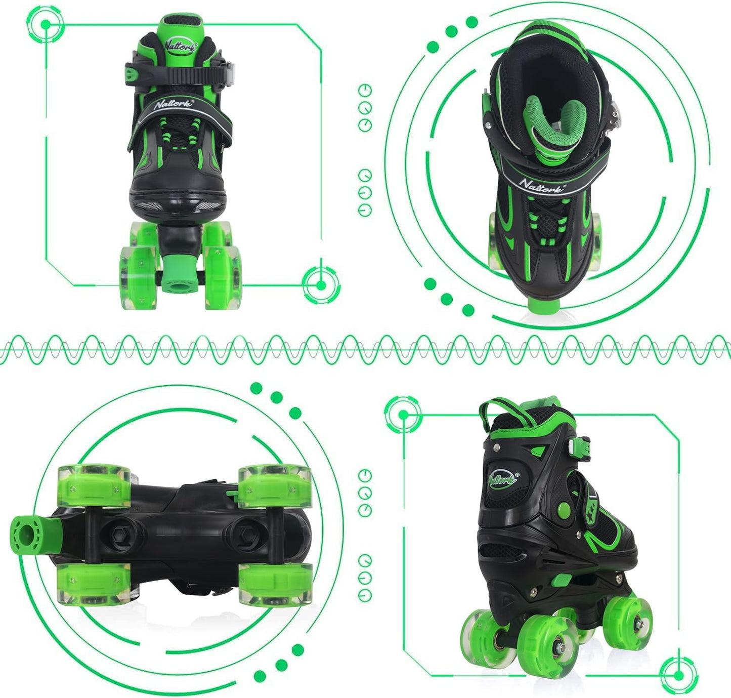 Nattork Adjustable Roller Skates for Kids-Green